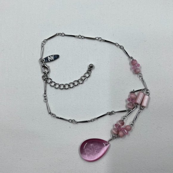 NY Silver Toned 14” Necklace with Pink Tigers Eye Pendant and Beading - Picture 4 of 6